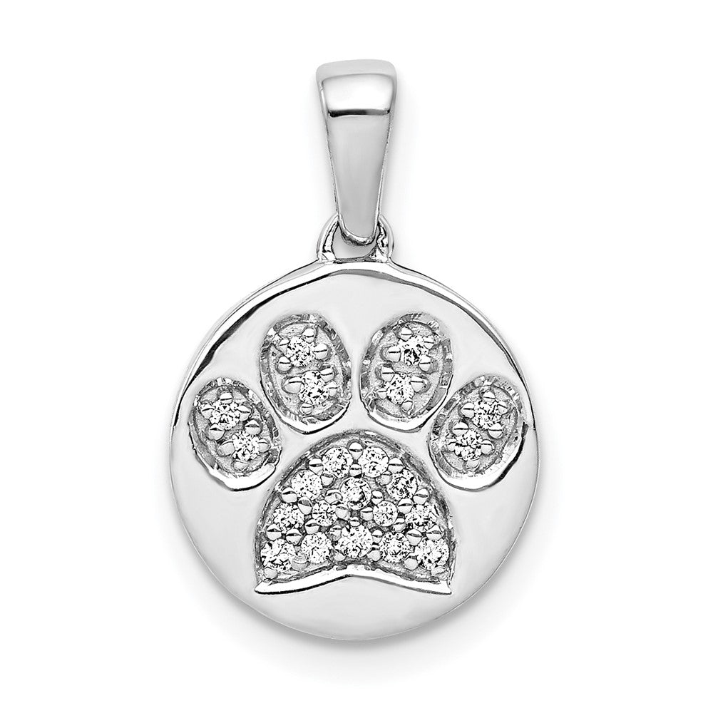 14k White Gold Real Diamond Paw Print in Circle Pendant
