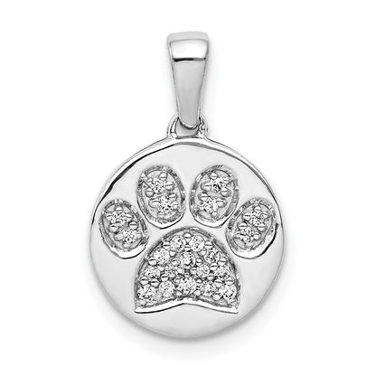14k White Gold Real Diamond Paw Print in Circle Pendant
