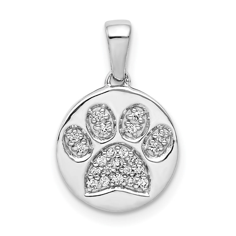 14k White Gold Real Diamond Paw Print in Circle Pendant