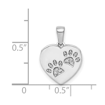 14k White Gold Real Diamond Paw Prints Heart Pendant