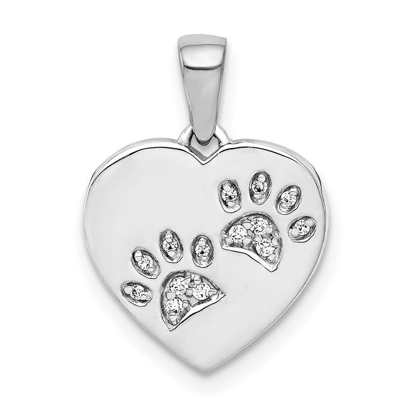 14k White Gold Real Diamond Paw Prints Heart Pendant