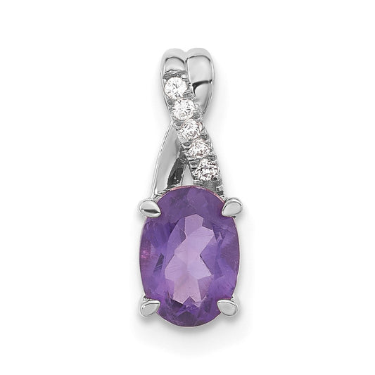 Solid 14k White Gold Oval Simulated Amethyst and CZ Pendant