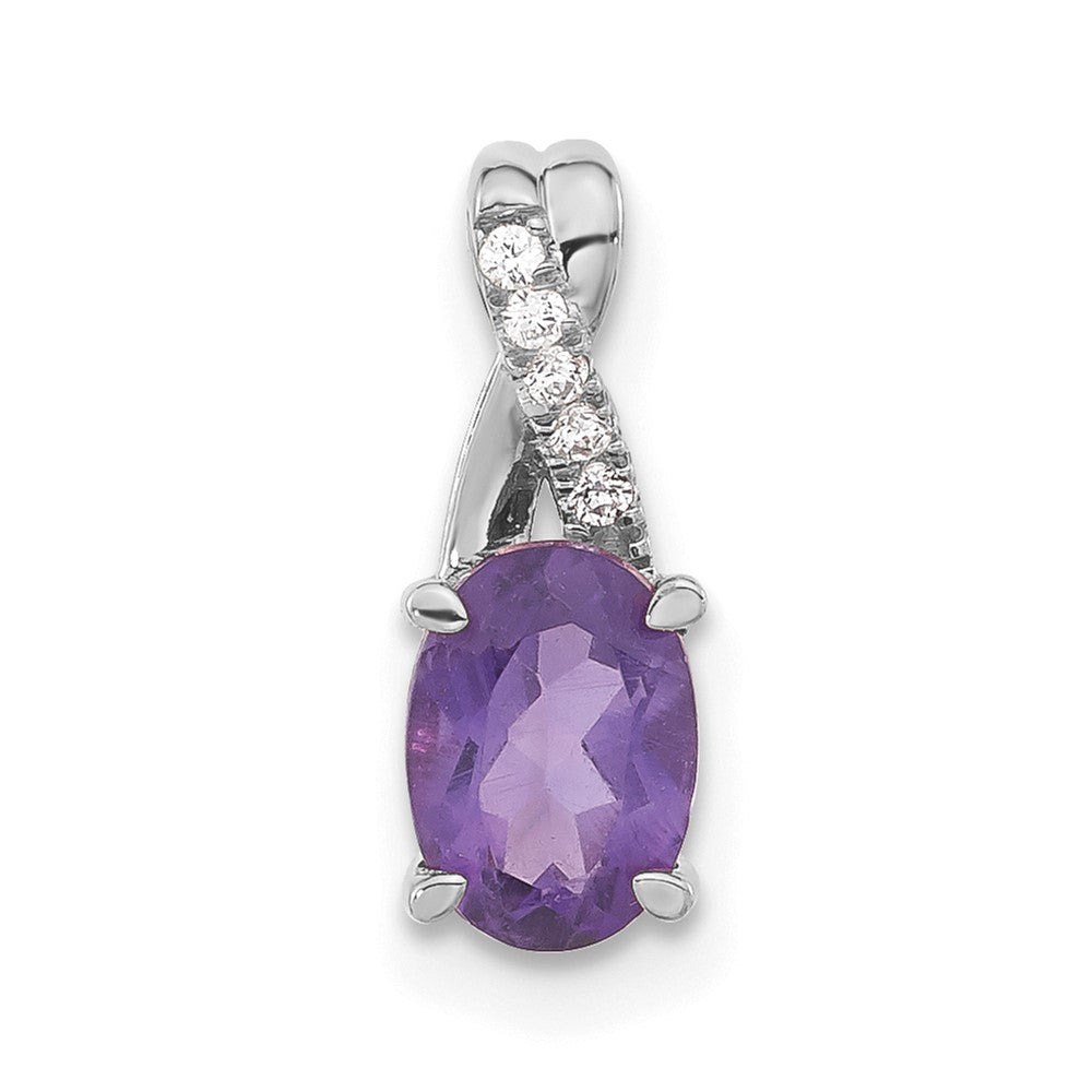 14k White Gold Oval Amethyst and Real Diamond Pendant
