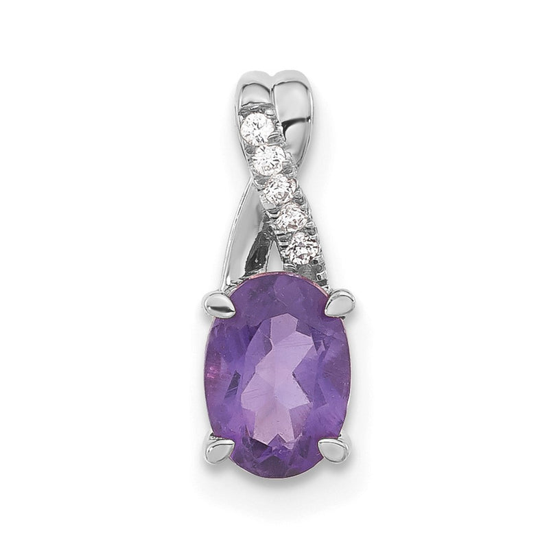 14k White Gold Oval Amethyst and Real Diamond Pendant
