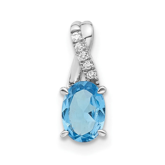 14k White Gold Oval Blue Topaz and Real Diamond Pendant