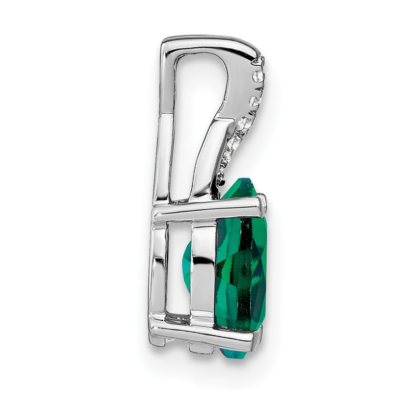 14k White Gold Oval Created Emerald and Real Diamond Pendant