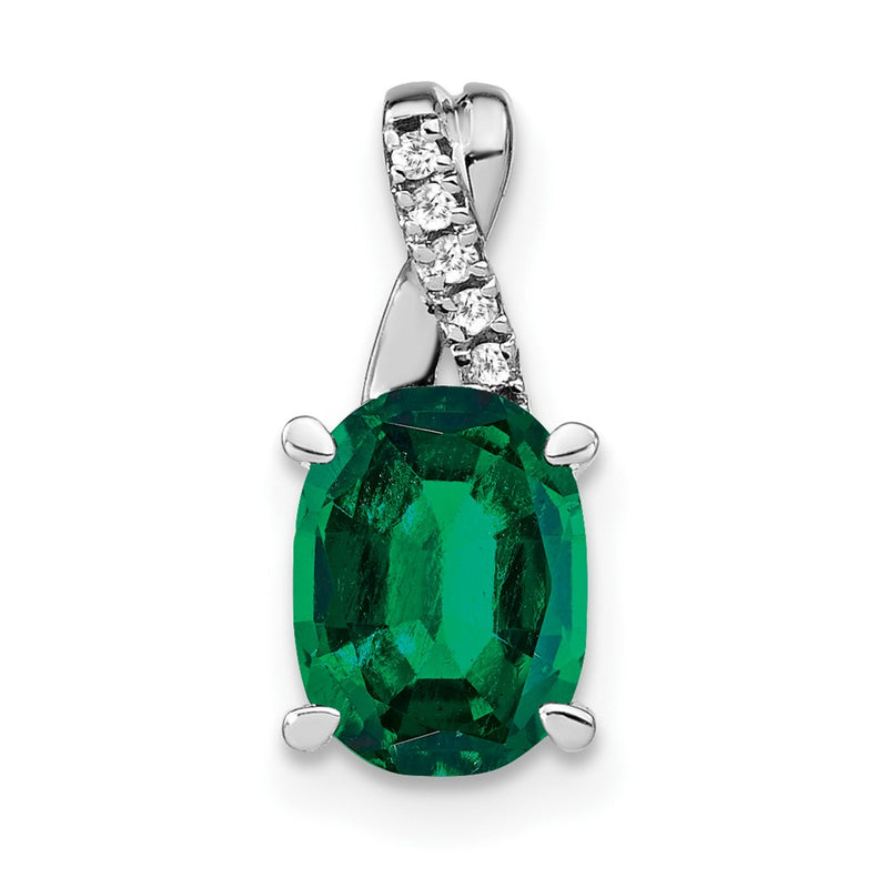 14k White Gold Oval Created Emerald and Real Diamond Pendant