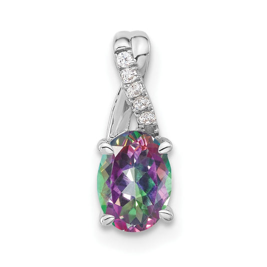 14k White Gold Oval Mystic Fire Topaz and Real Diamond Pendant