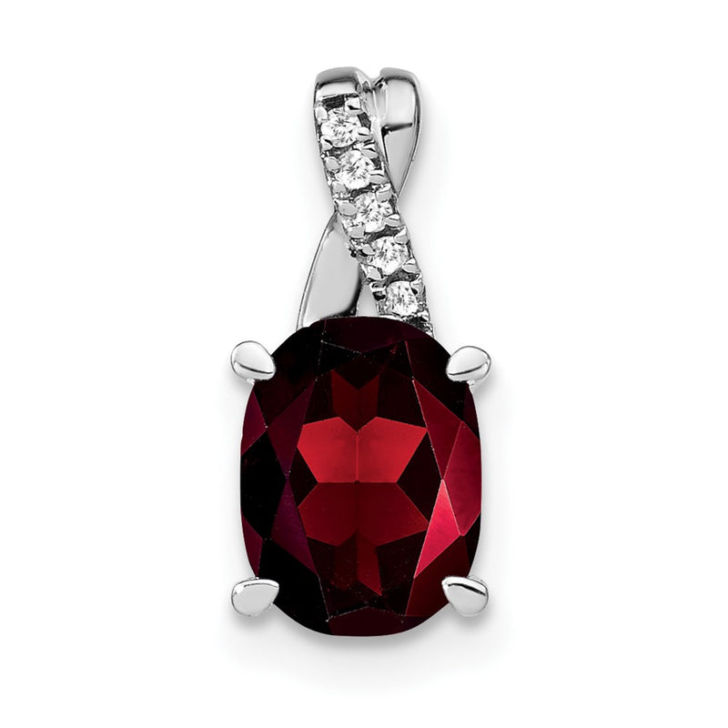 14k White Gold Oval Garnet and Real Diamond Pendant
