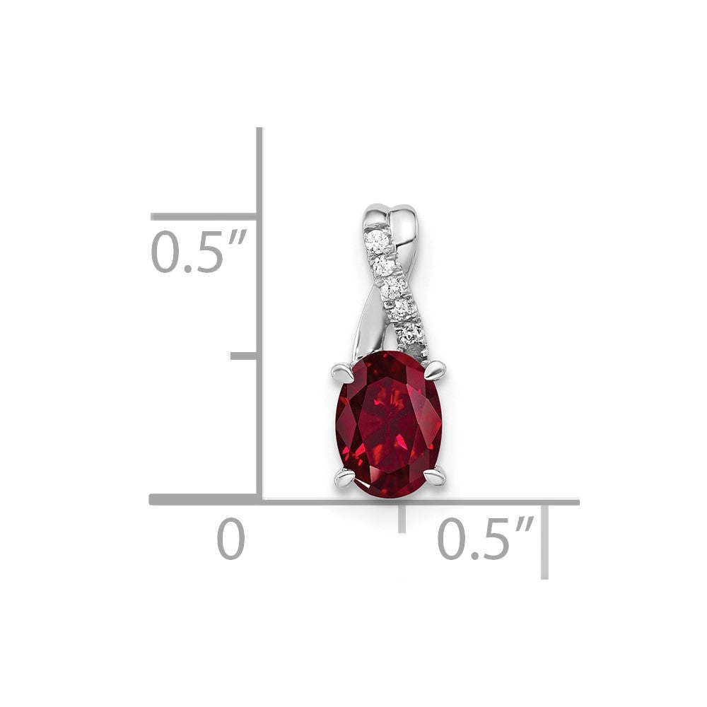 Solid 14k White Gold Oval Created Simulated Ruby and CZ Pendant
