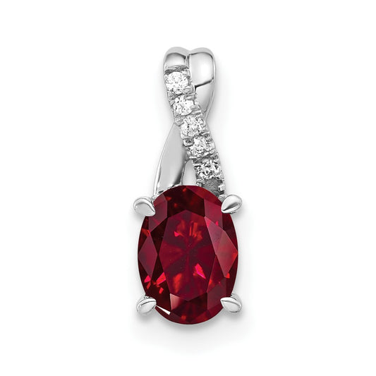 Solid 14k White Gold Oval Created Simulated Ruby and CZ Pendant