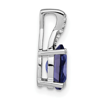 14k White Gold Oval Created Sapphire and Real Diamond Pendant