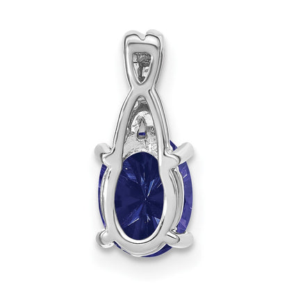 14k White Gold Oval Created Sapphire and Real Diamond Pendant