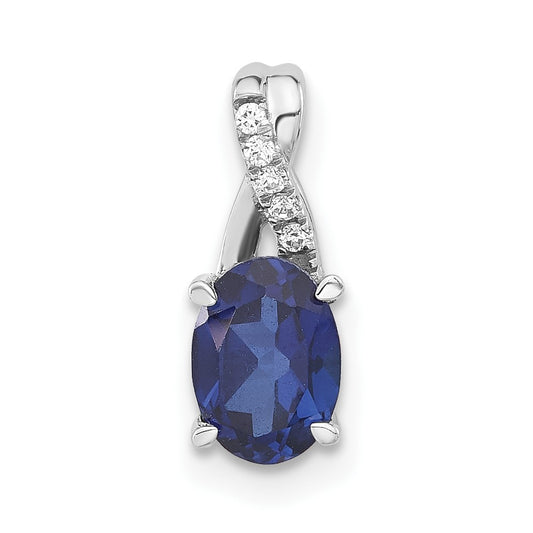 14k White Gold Oval Created Sapphire and Real Diamond Pendant