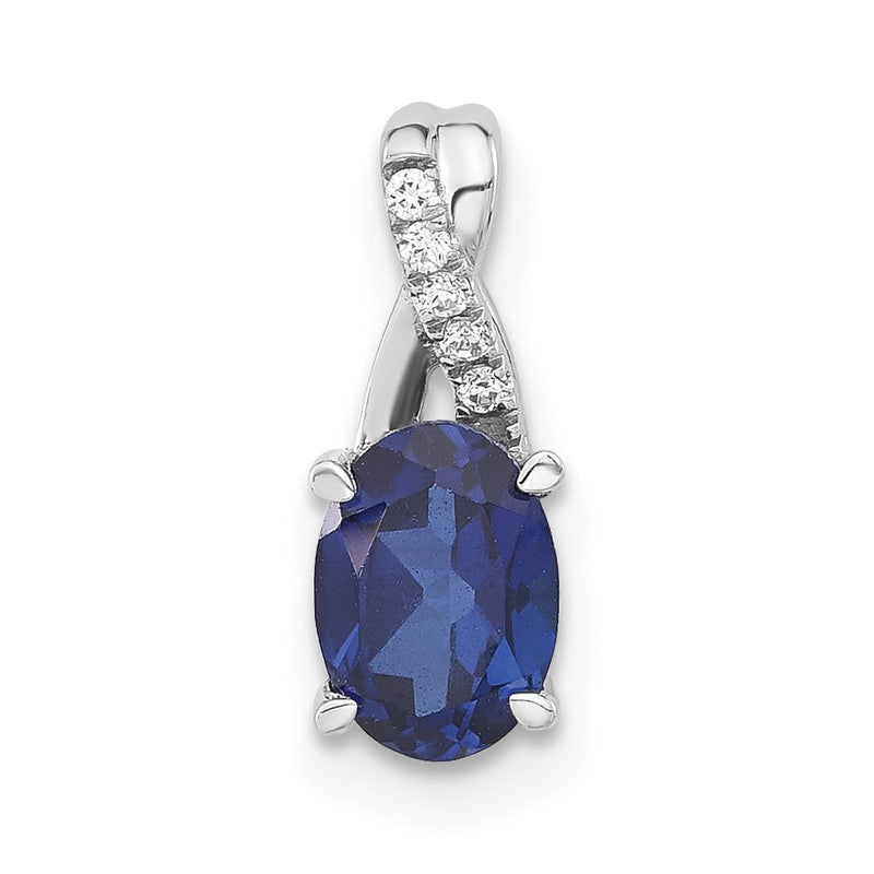 14k White Gold Oval Created Sapphire and Real Diamond Pendant