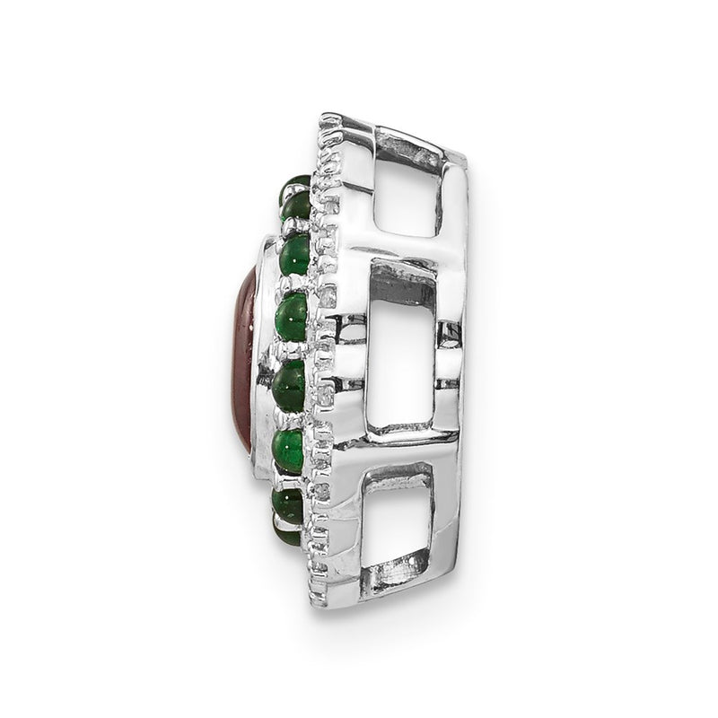 14k White Gold Real Diamond Cabochon Ruby & Emerald Chain Slide