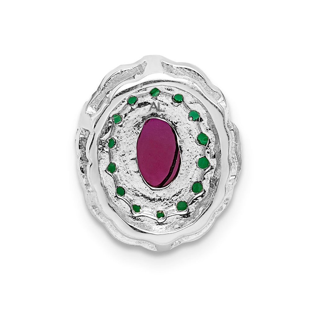 14k White Gold Real Diamond Cabochon Ruby & Emerald Chain Slide