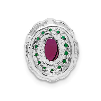 14k White Gold Real Diamond Cabochon Ruby & Emerald Chain Slide
