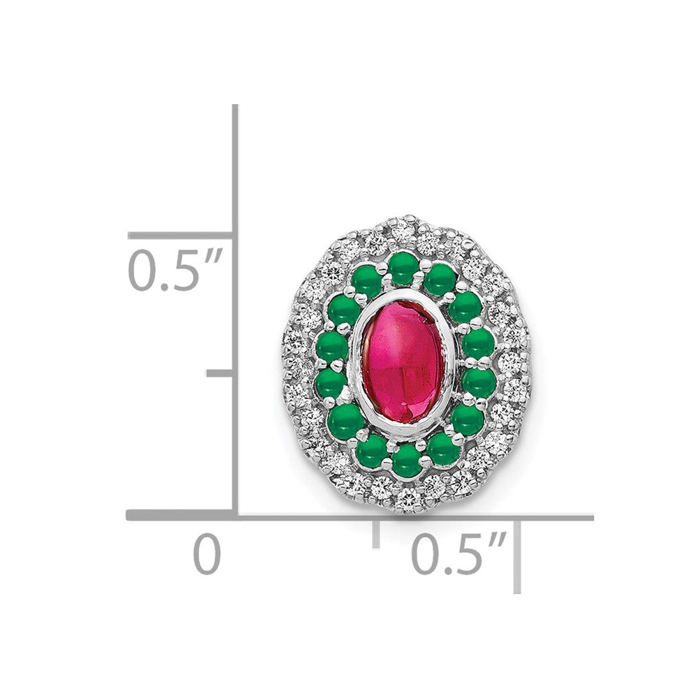 14k White Gold Real Diamond Cabochon Ruby & Emerald Chain Slide