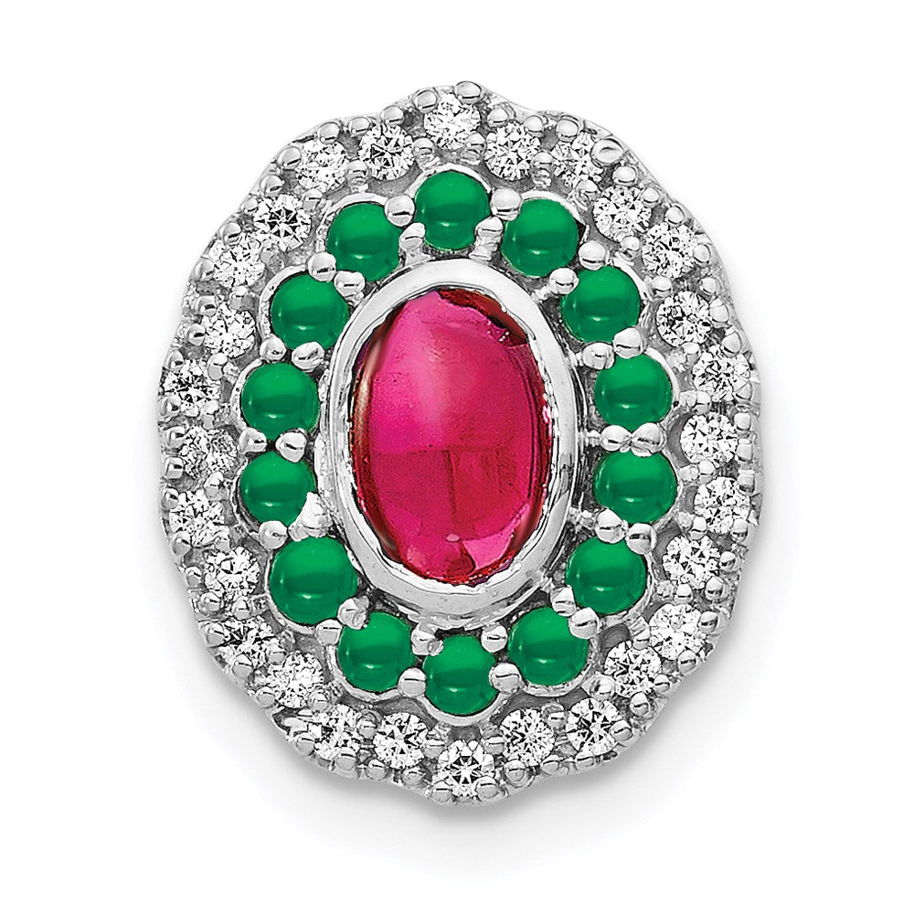 14k White Gold Real Diamond Cabochon Ruby & Emerald Chain Slide
