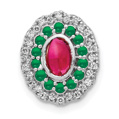 14k White Gold Real Diamond Cabochon Ruby & Emerald Chain Slide