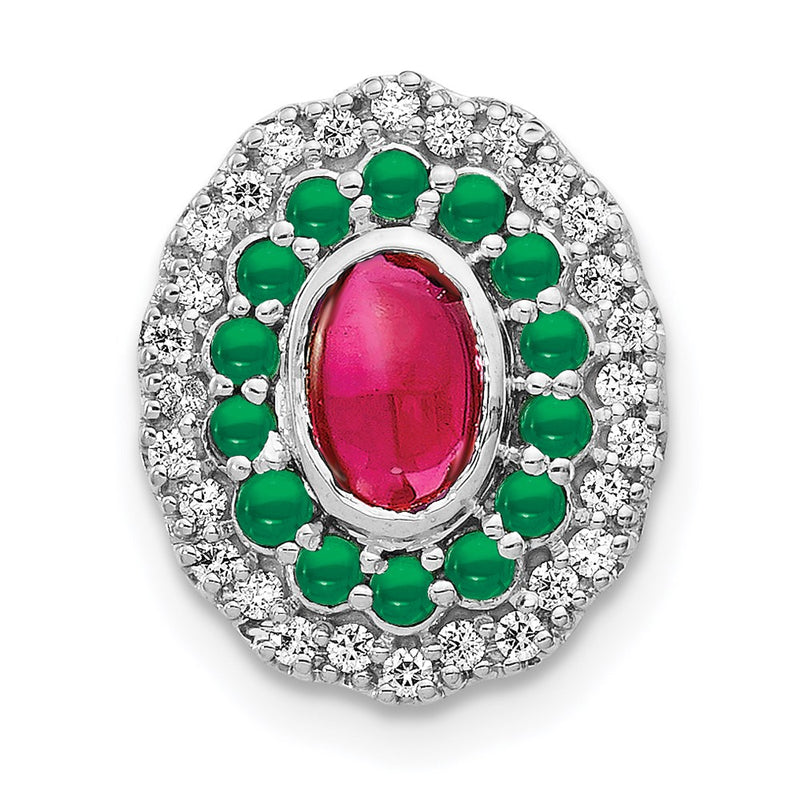 14k White Gold Real Diamond Cabochon Ruby & Emerald Chain Slide