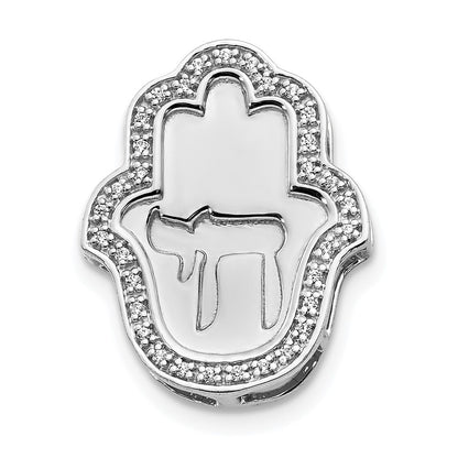 14k White Gold 1/10ct. Real Diamond Chai on Hamsa Chain Slide