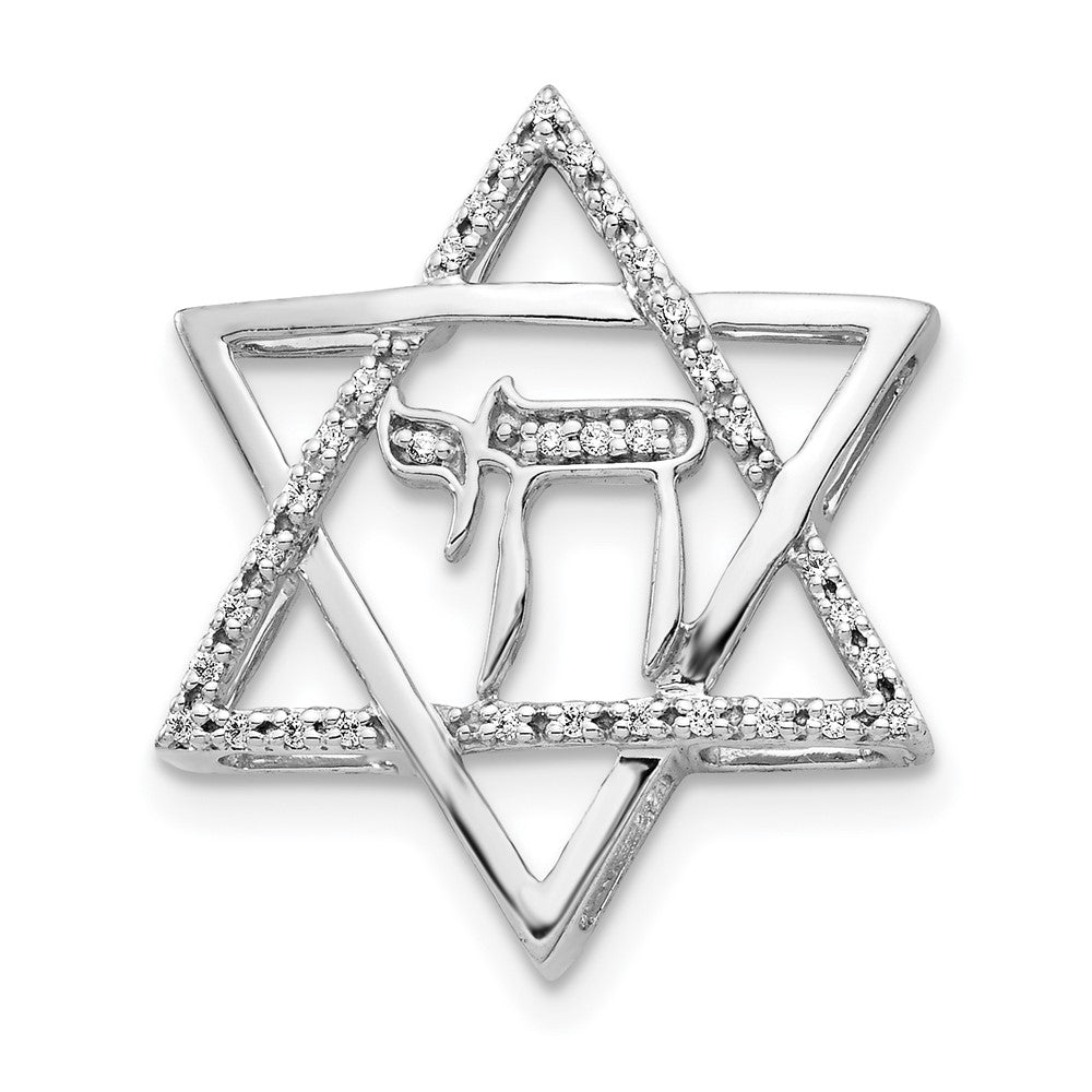 14k White Gold 1/10ct. Real Diamond Star of David w/Chai Chain Slide