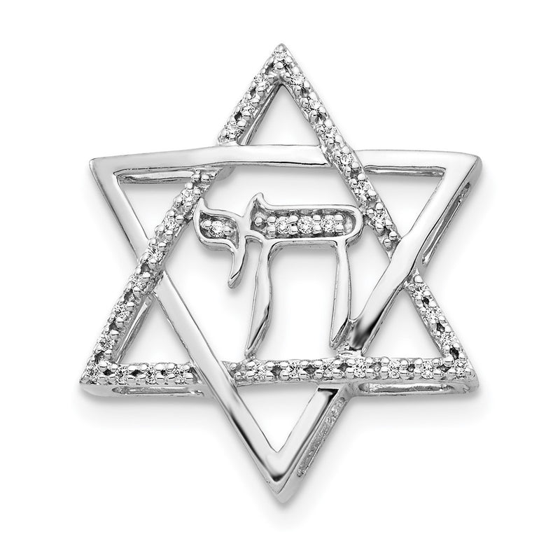 14k White Gold 1/10ct. Real Diamond Star of David w/Chai Chain Slide