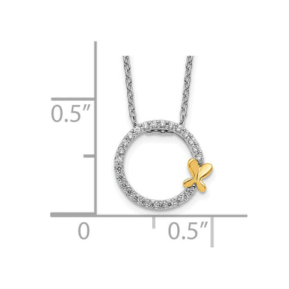 14k Two-Tone Gold Real Diamond Butterfly on Circle Pendant