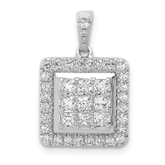 14k White Gold 1ct. Real Diamond Square Cluster Pendant