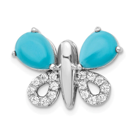 Solid 14k White Gold Simulated CZ & Cabochon Turquoise Butterfly Pendant