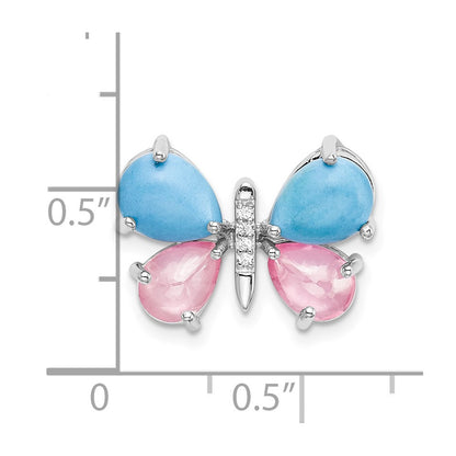 14k White Gold Real Diamond/Cabochon Turquoise/Rose Quartz Butterfly Pendant