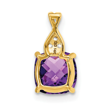 14K Yellow Gold Checkerboard Amethyst and Real Diamond Pendant