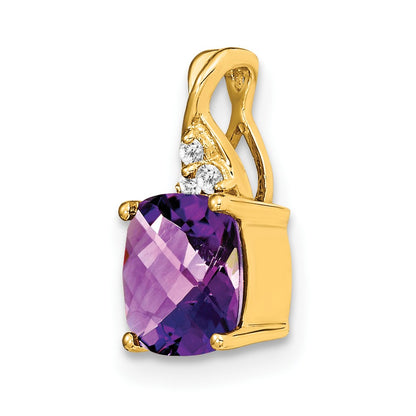 14K Yellow Gold Checkerboard Amethyst and Real Diamond Pendant
