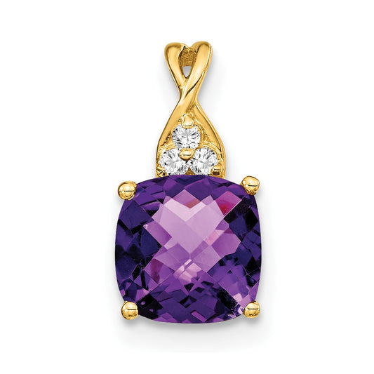 14K Yellow Gold Checkerboard Amethyst and Real Diamond Pendant