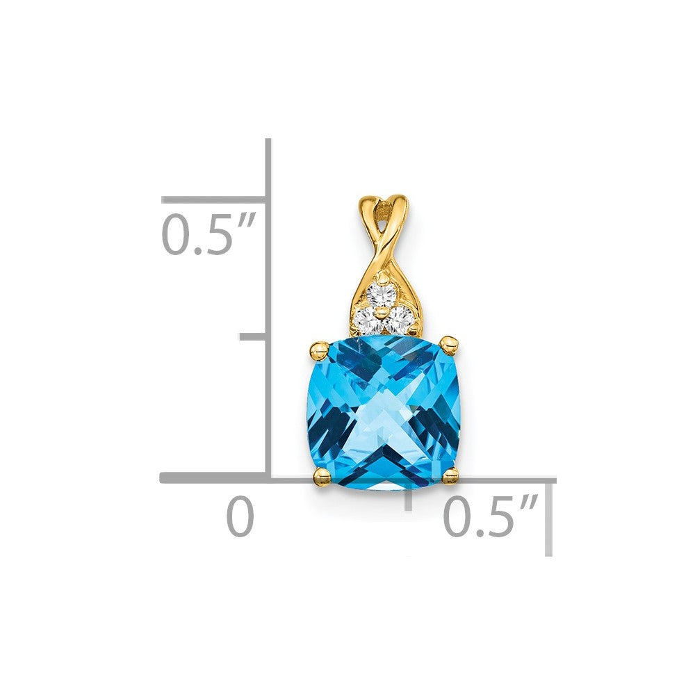 14K Yellow Gold Checkerboard Blue Topaz and Real Diamond Pendant