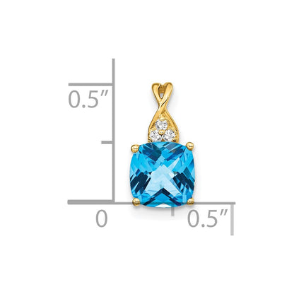 14K Yellow Gold Checkerboard Blue Topaz and Real Diamond Pendant