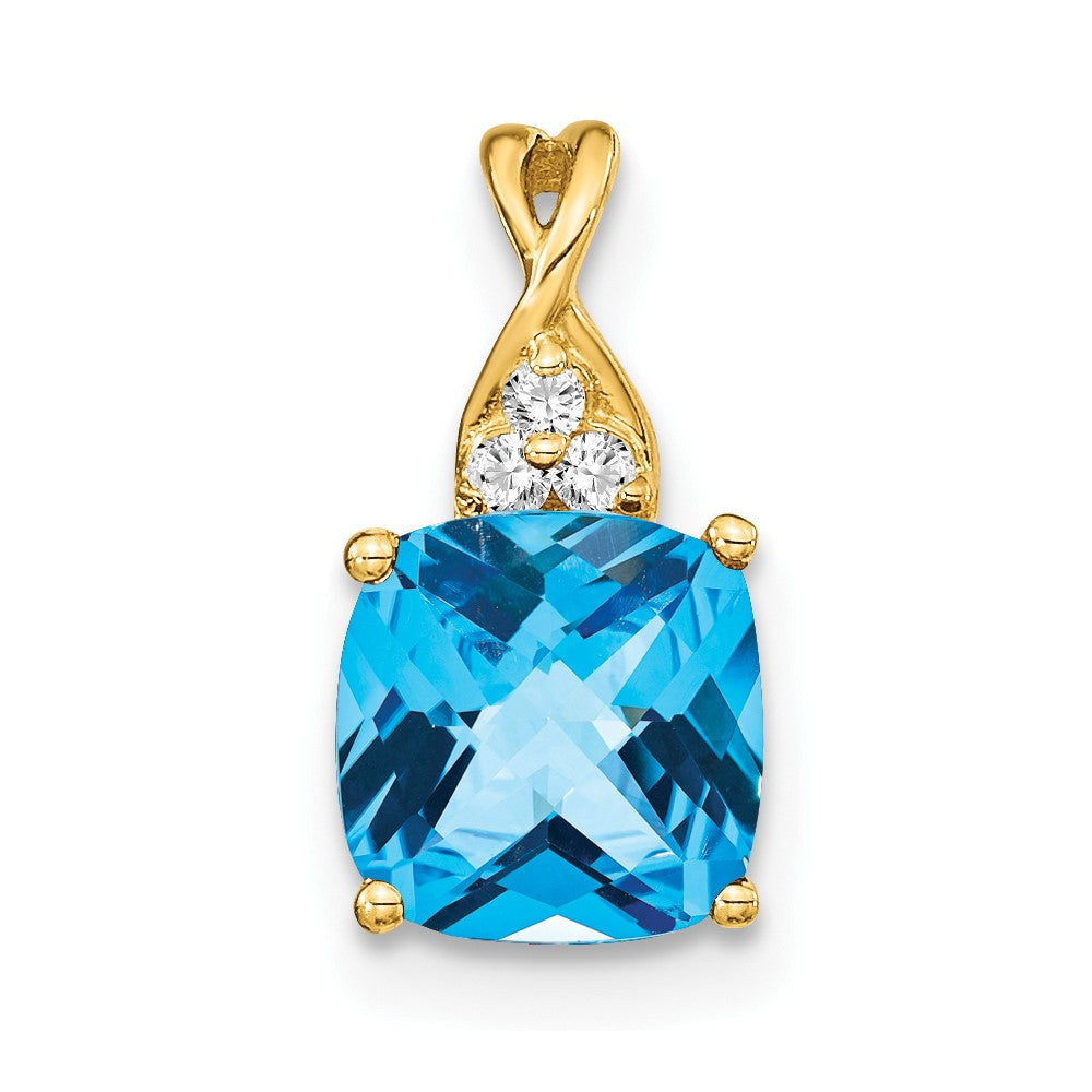 14K Yellow Gold Checkerboard Blue Topaz and Real Diamond Pendant