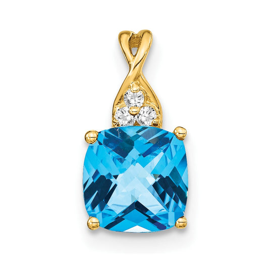 14K Yellow Gold Checkerboard Blue Topaz and Real Diamond Pendant