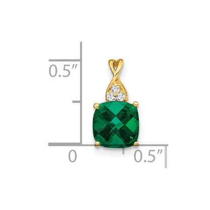 14K Yellow Gold Checkerboard Created Emerald and Real Diamond Pendant