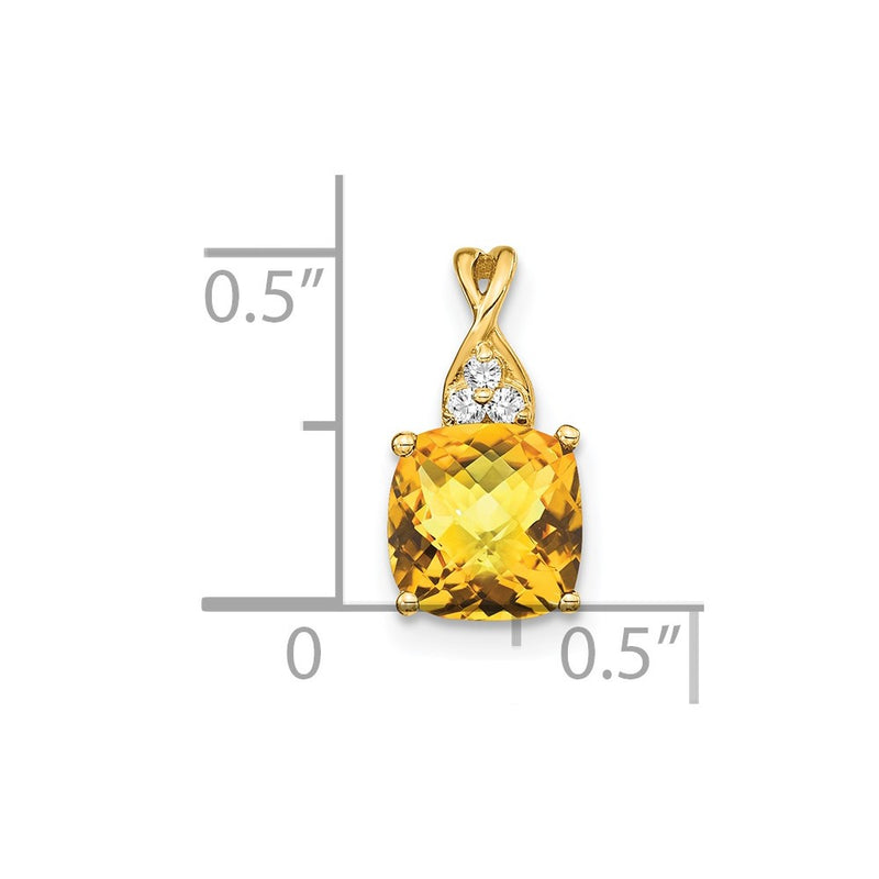 14K Yellow Gold Checkerboard Citrine and Real Diamond Pendant