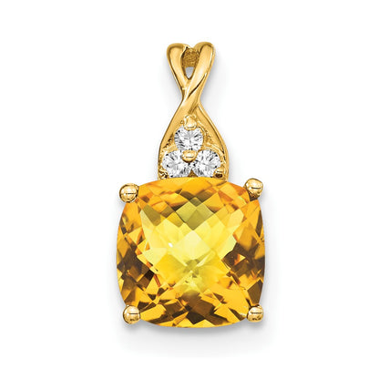 14K Yellow Gold Checkerboard Citrine and Real Diamond Pendant