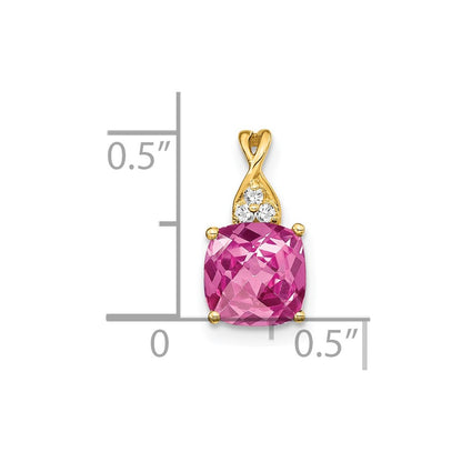 14K Yellow Gold Checkerboard Created Pink Sapphire and Real Diamond Pendant