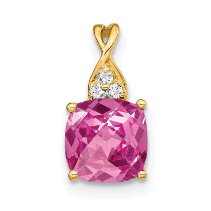 14K Yellow Gold Checkerboard Created Pink Sapphire and Real Diamond Pendant