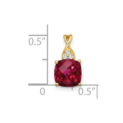 14K Yellow Gold Checkerboard Created Ruby and Real Diamond Pendant