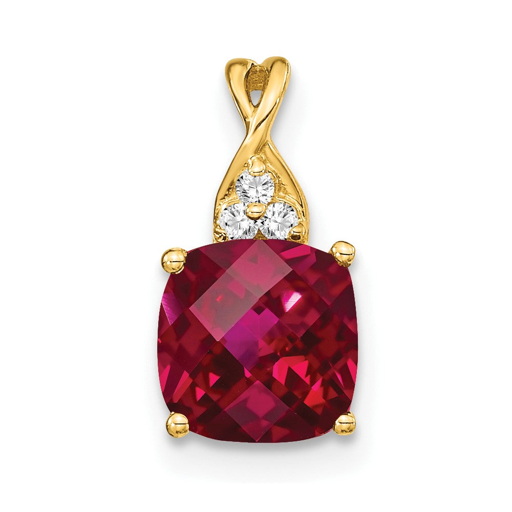 14K Yellow Gold Checkerboard Created Ruby and Real Diamond Pendant