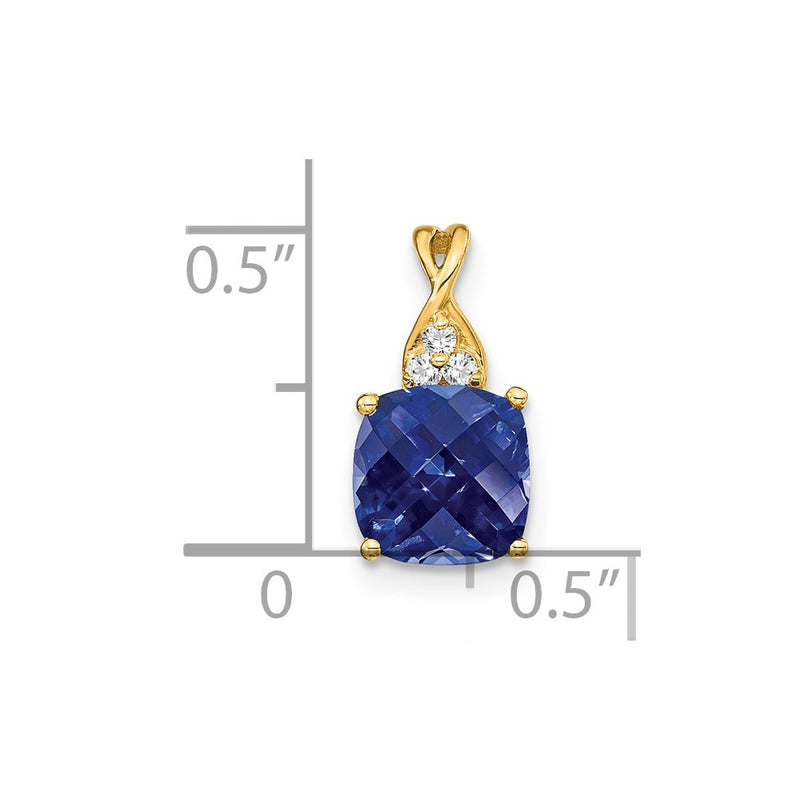 14K Yellow Gold Checkerboard Created Sapphire and Real Diamond Pendant