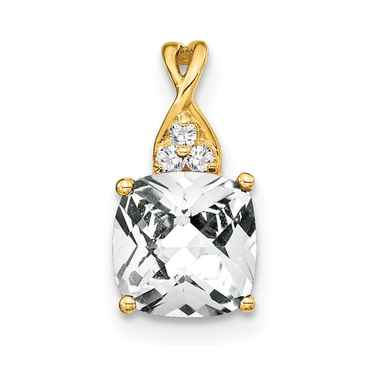 14K Yellow Gold Checkerboard White Topaz and Real Diamond Pendant