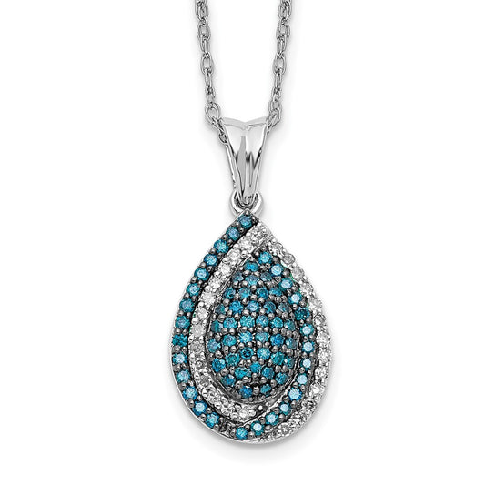 14k White Gold Blue and White Real Diamond Teardrop 18 in. Necklace